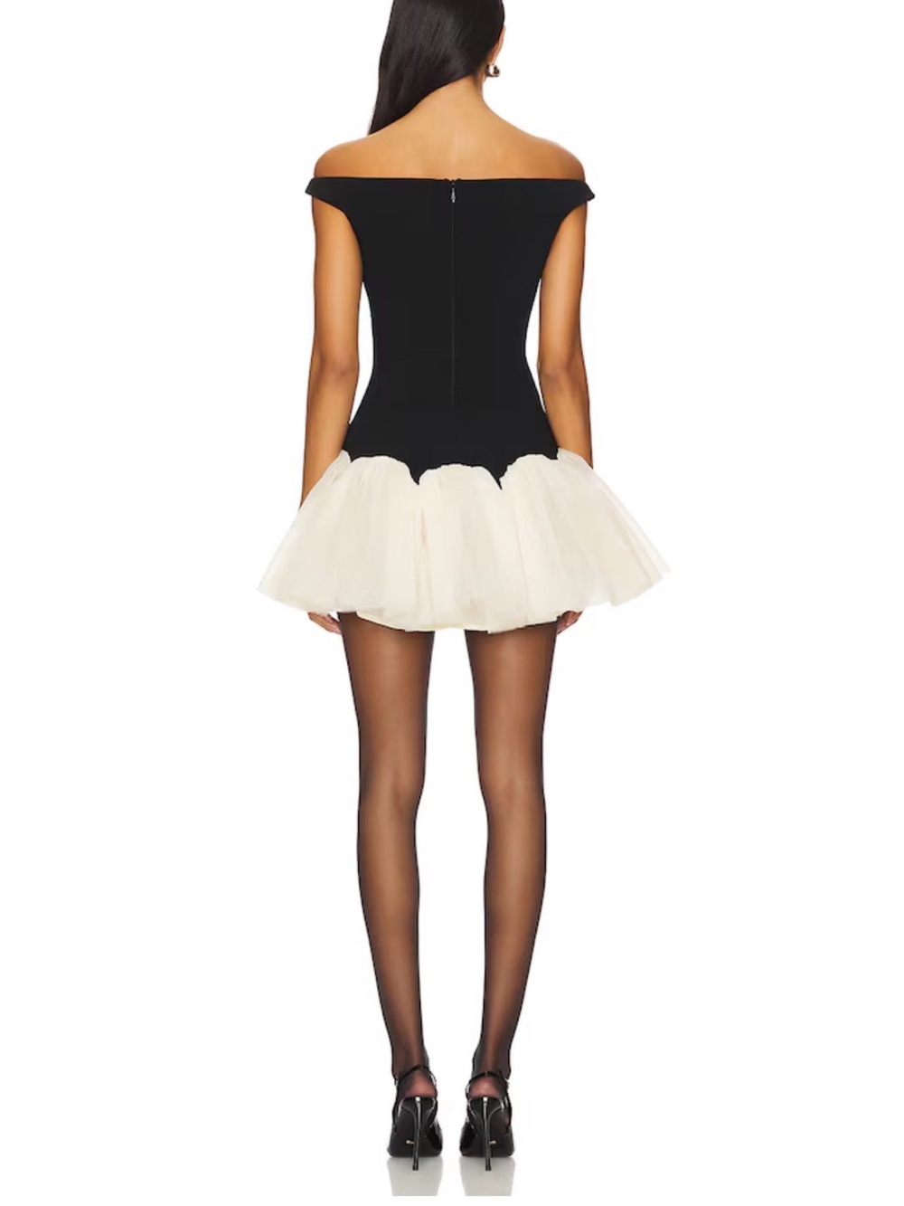 Lovers + Friends Black Off-Shoulder Mini Dress with Cream Tulle Hem - Picture 3 of 8